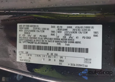 2020 Ford F-250 Platinum z USA, uszkodzony, nr VIN 1FT7W2BT2LEC99806